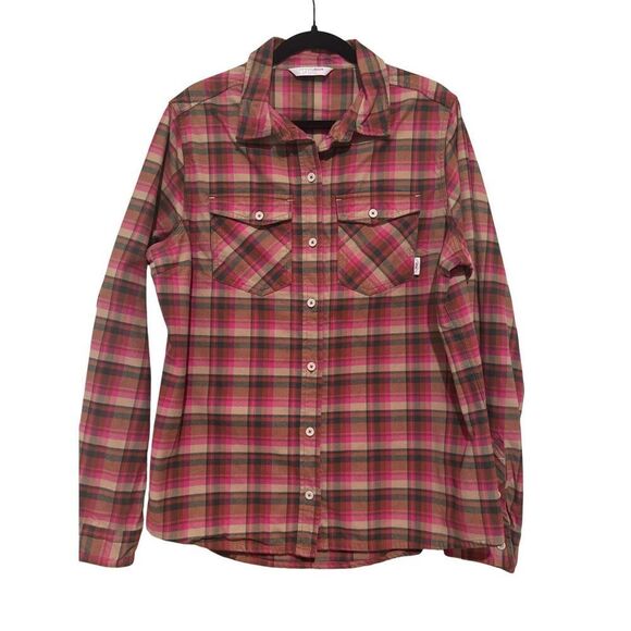 STIO Womens Plaid Long Sleeve Organic Cotton Flannel Button-up Shirt Pink Tan XL - Picture 1 of 6